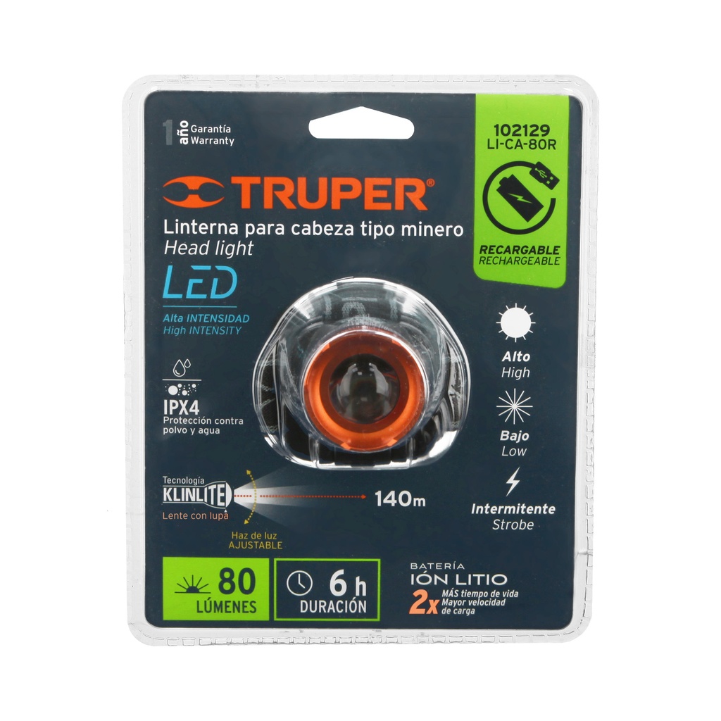 Linterna de minero, 80 lúmenes, 1 LED, recargable, Truper LI-CA-80R