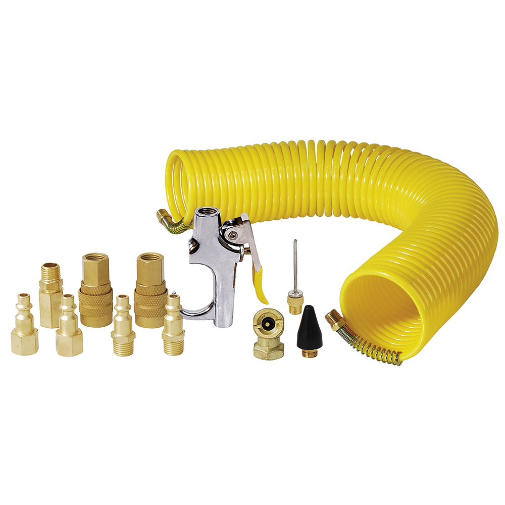 Juego de accesorios neumáticos con manguera tipo resorte, 14 piezas