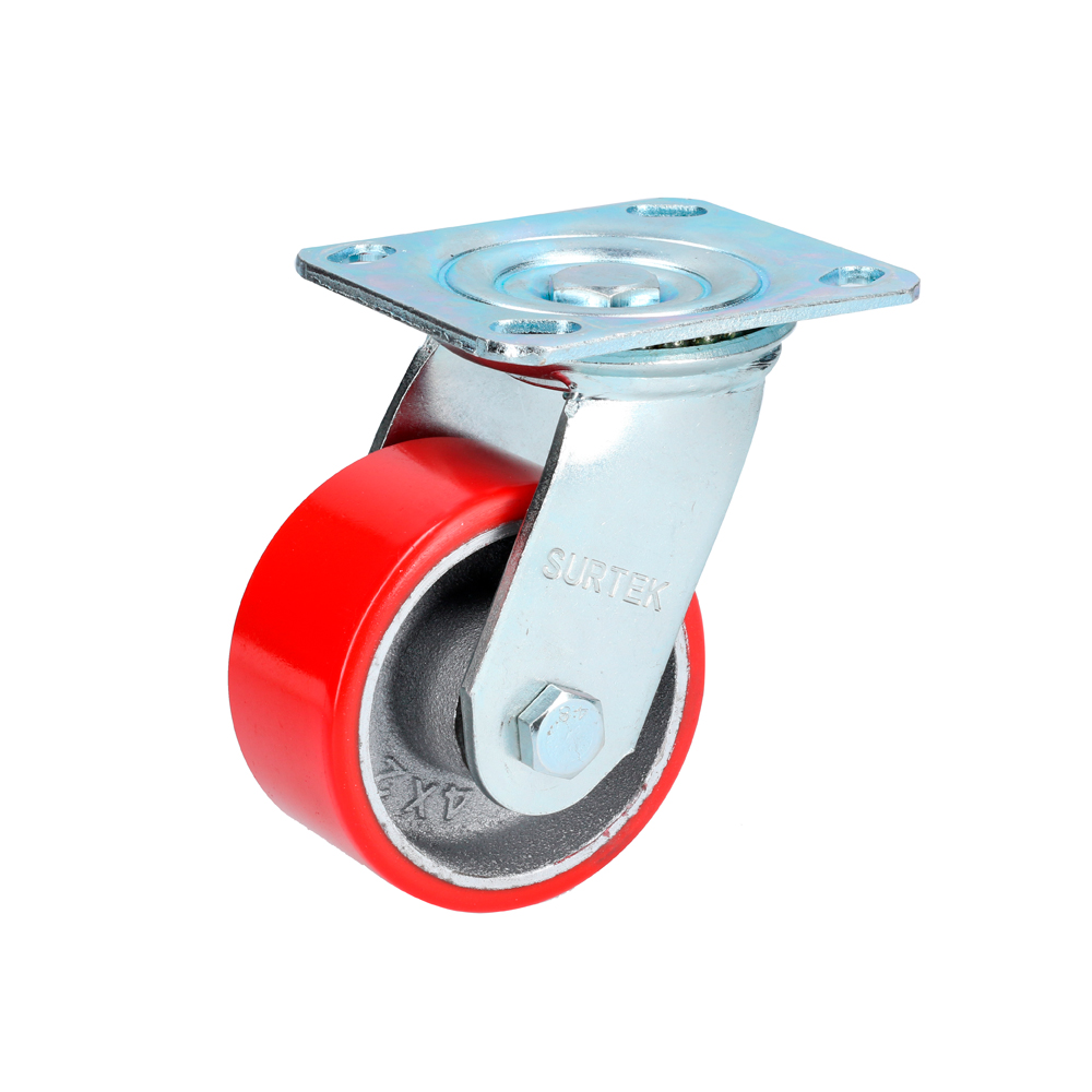 [RP10G] Rodaja de fierro con poliuretano rojo giratoria 4"