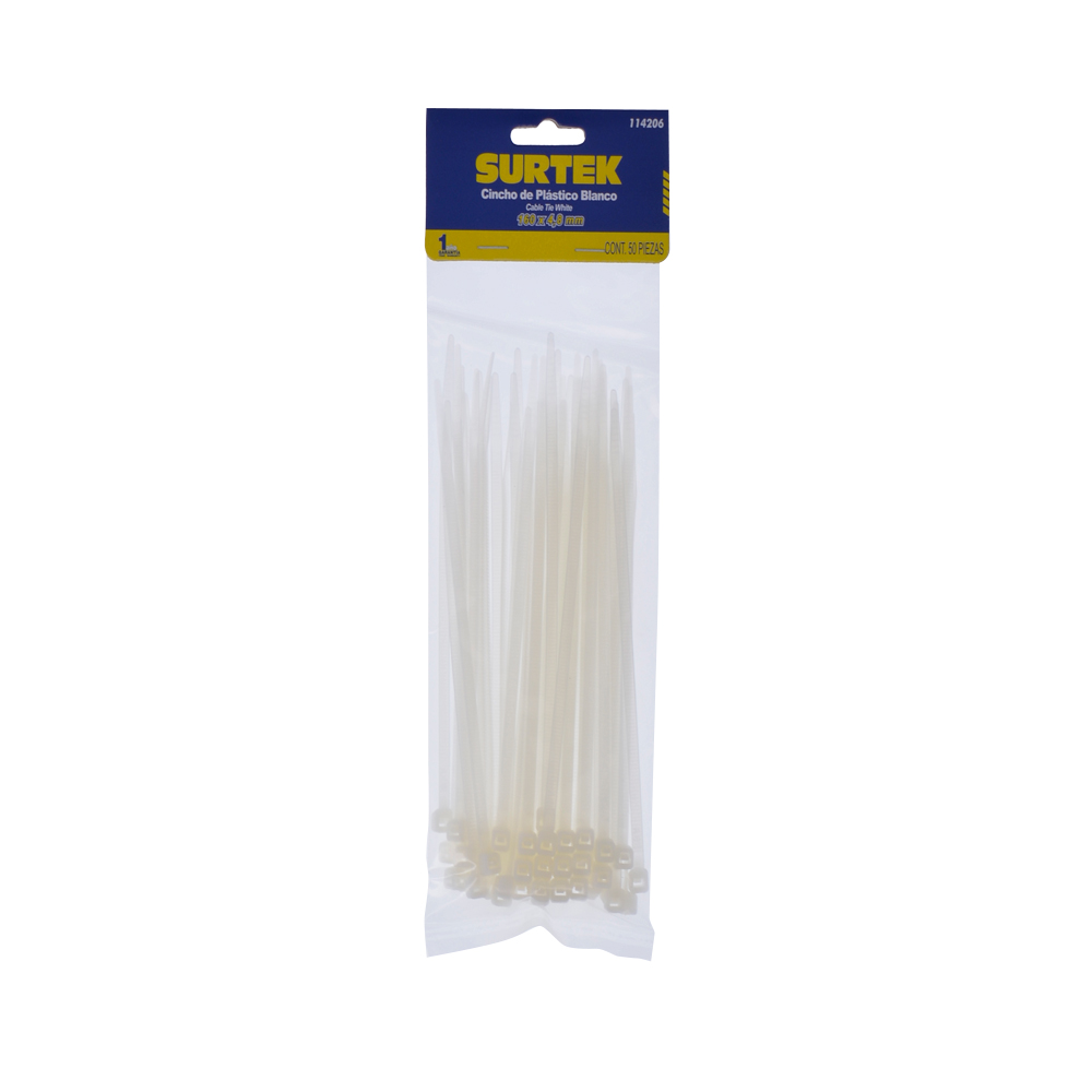 Cinchos plásticos 160 x 4.8 mm, tensión 27 Kg de 50 piezas color natural