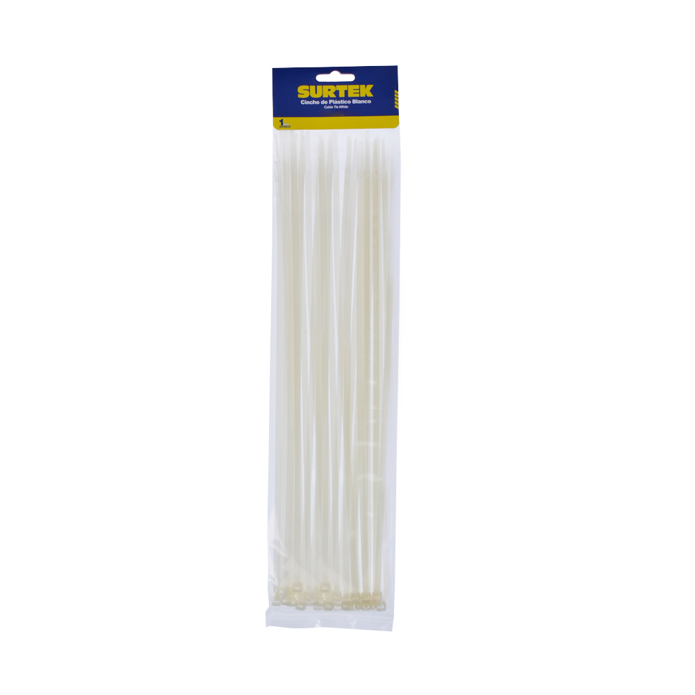 Cinchos plásticos 300 x 4.6 mm, tensión 22 Kg de 50 piezas color blanco