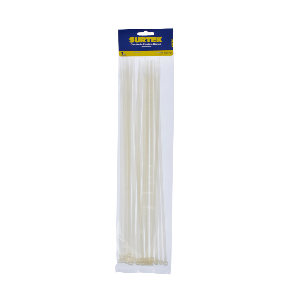 Cinchos plásticos 368 x 4.6 mm, tensión 22 Kg de 25 piezas color blanco
