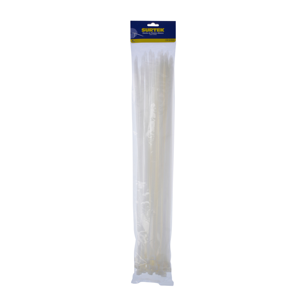 Cinchos plásticos 400 x 7.6 mm, tensión 55 Kg de 50 piezas color blanco