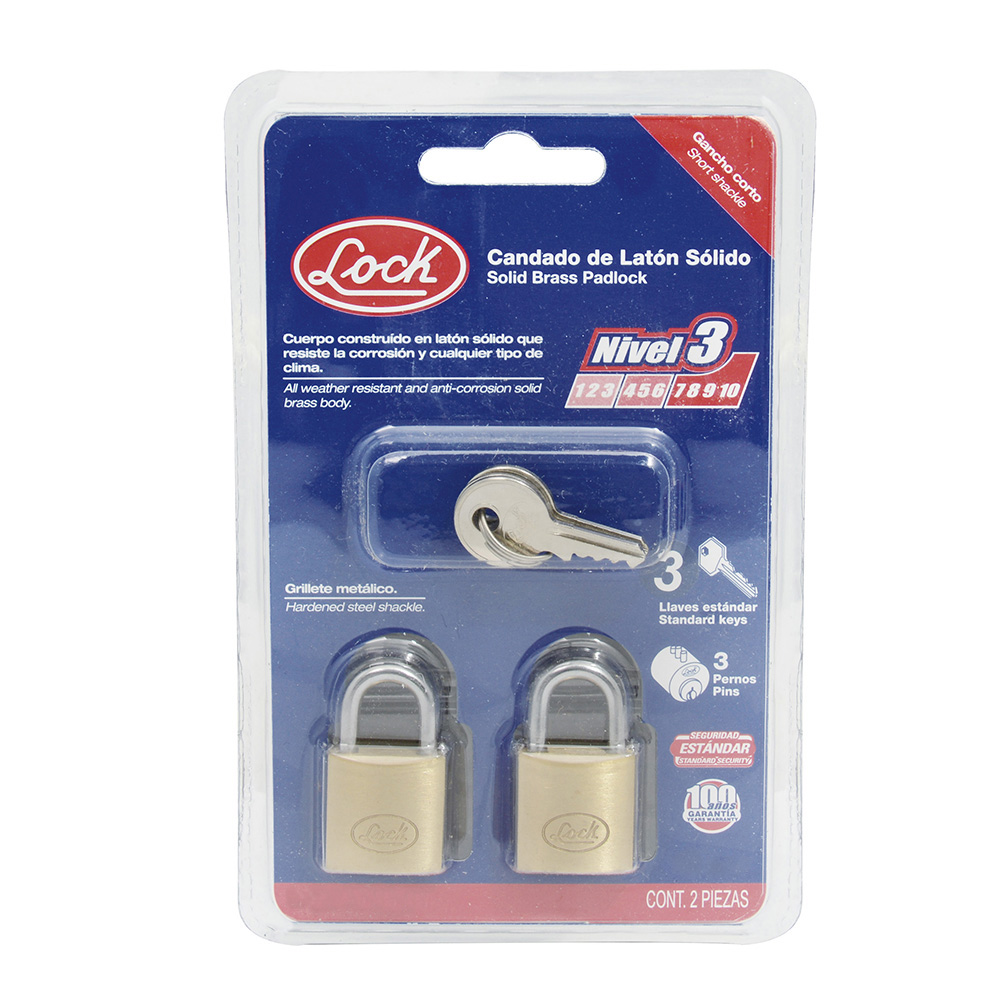 Juego de 2 candados de latón cortos 25 mm, llave estándar