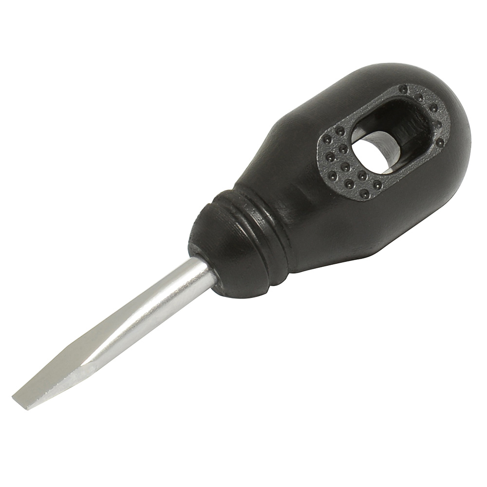 Destornillador con mango negro, punta plana tipo trompo 1/4" x 1-1/4"