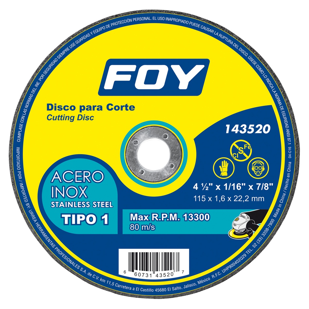 Disco abrasivo tipo 1 para metal  4-1/2" x 1.6 mm