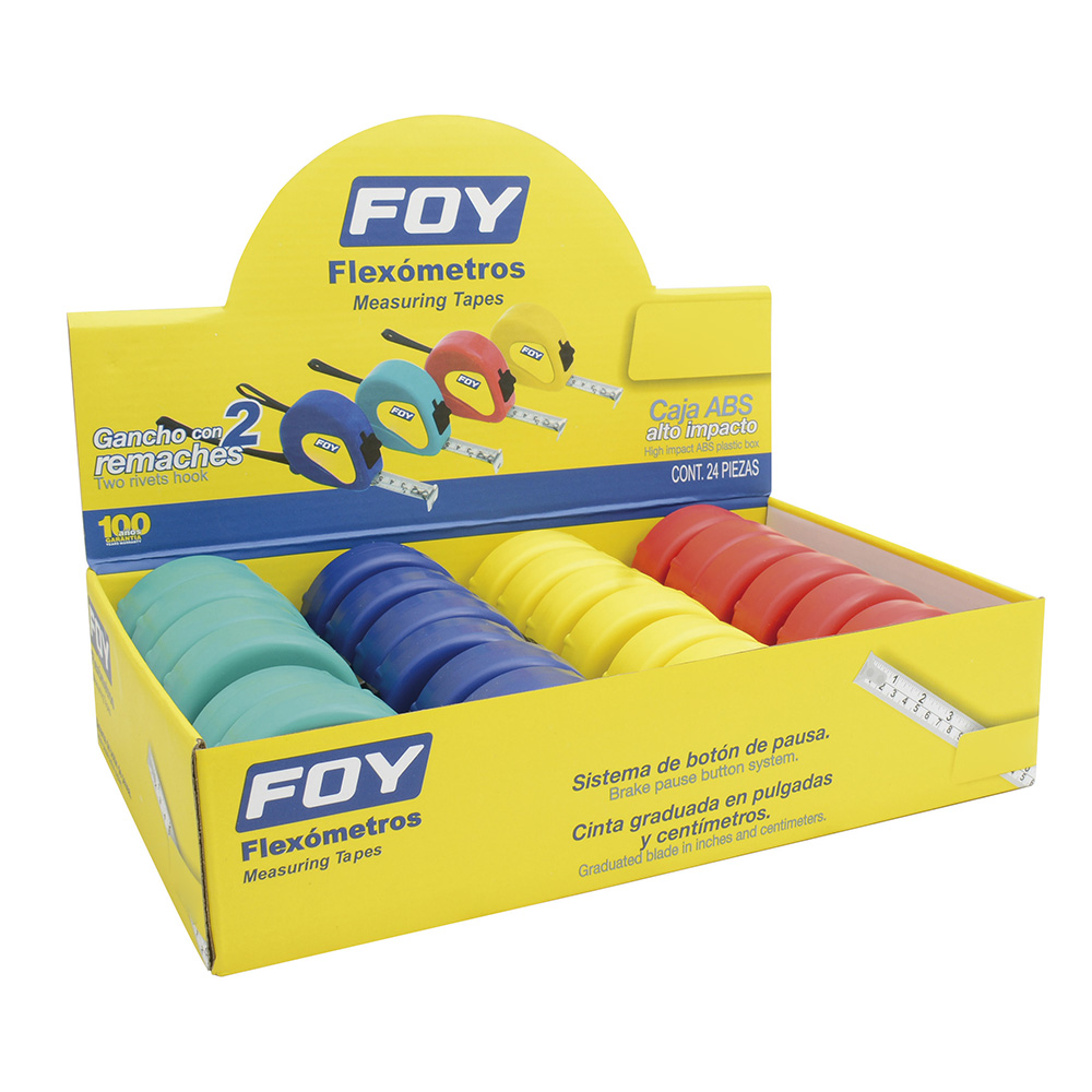[142132 FPFD5] Flexómetros con carcasa de plástico colores en display 5 m x 3/4", 12 piezas