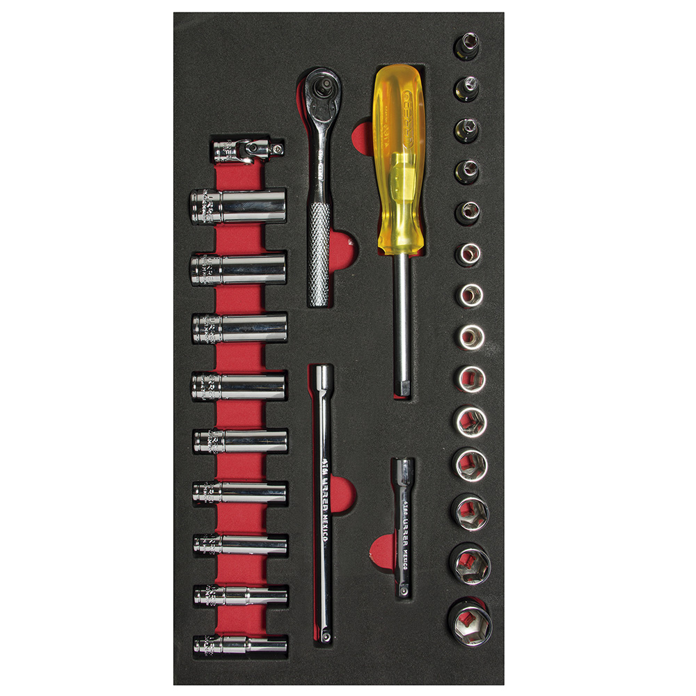 Juego de dados cortos y largos y accesorios cuadro de 1/4"  métricos, 28 piezas