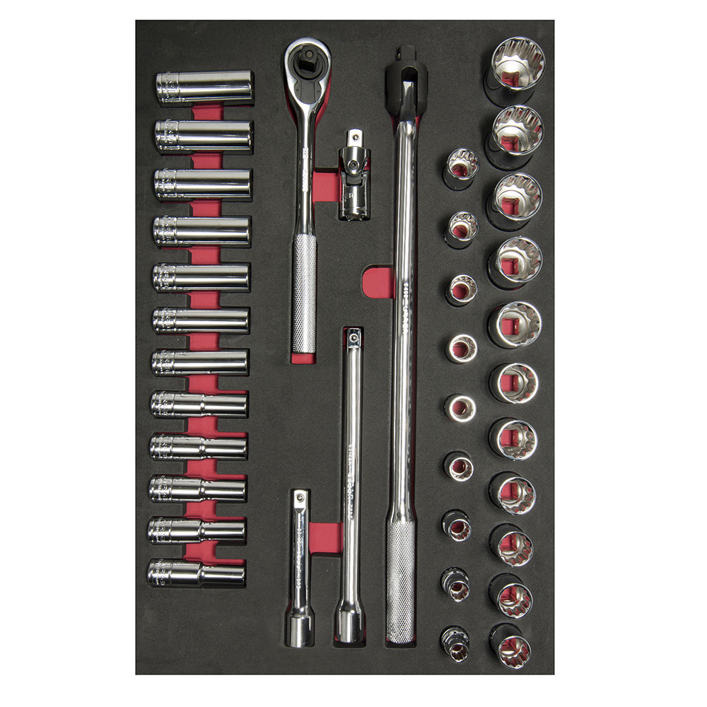 Juego de dados cortos y largos y accesorios cuadro de 1/2" métricos, 37 piezas