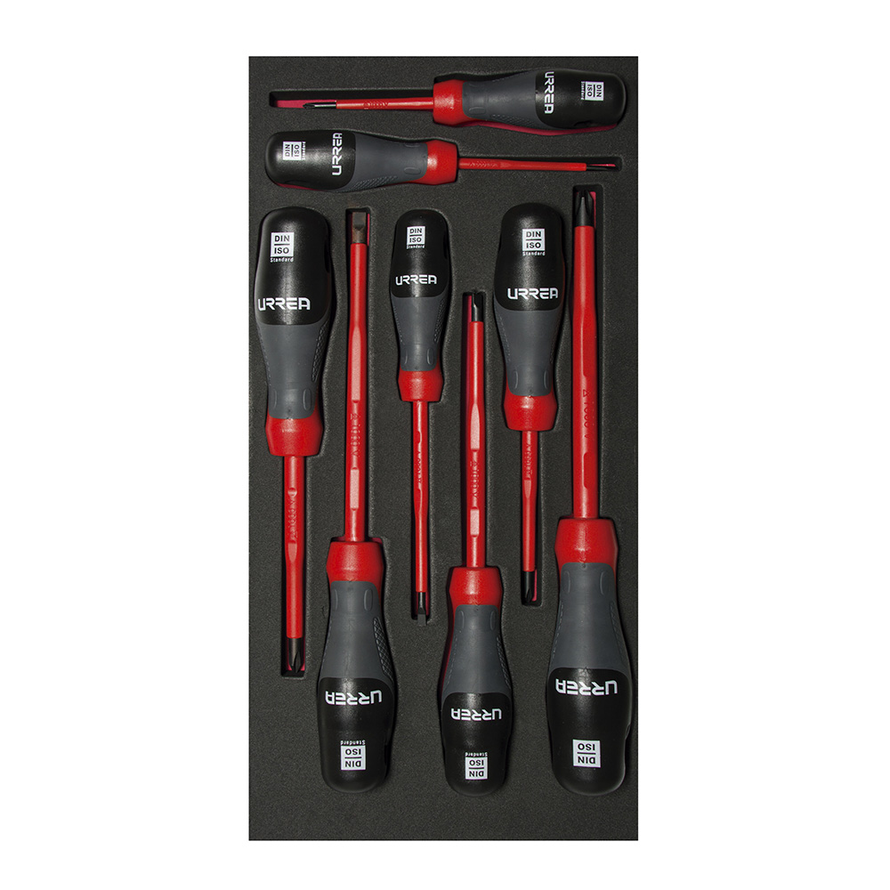 [CH119] Juego de destornilladores trimaterial 1000 V, varias puntas bandeja laminada, 8 piezas