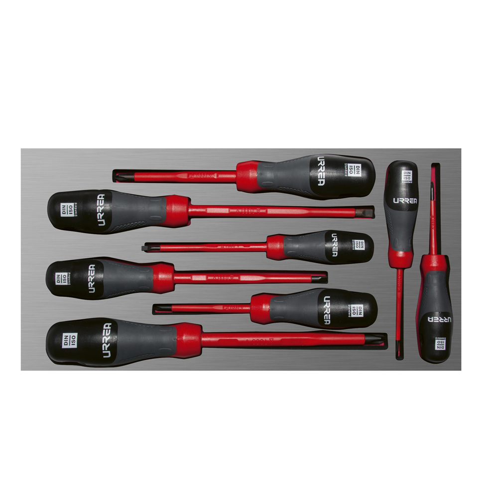 Juego de destornilladores trimaterial 1000 V, varias puntas bandeja EVA, 8 piezas