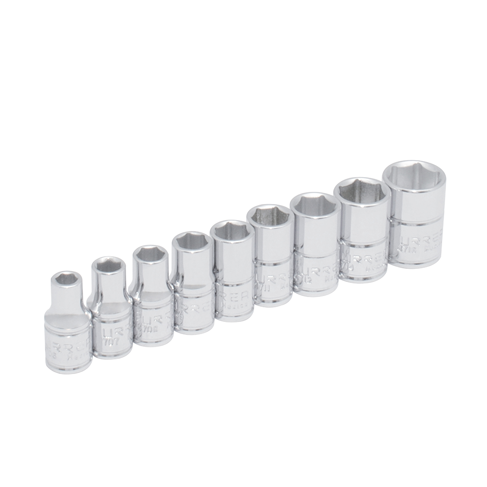Juego de dados cuadro de 1/4", 6 puntas, en pulgadas, en riel, 9 piezas