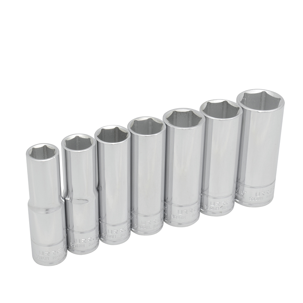 Juego de dados largos cuadro de 1/2", 6 puntas, en pulgadas, en riel, 7 piezas