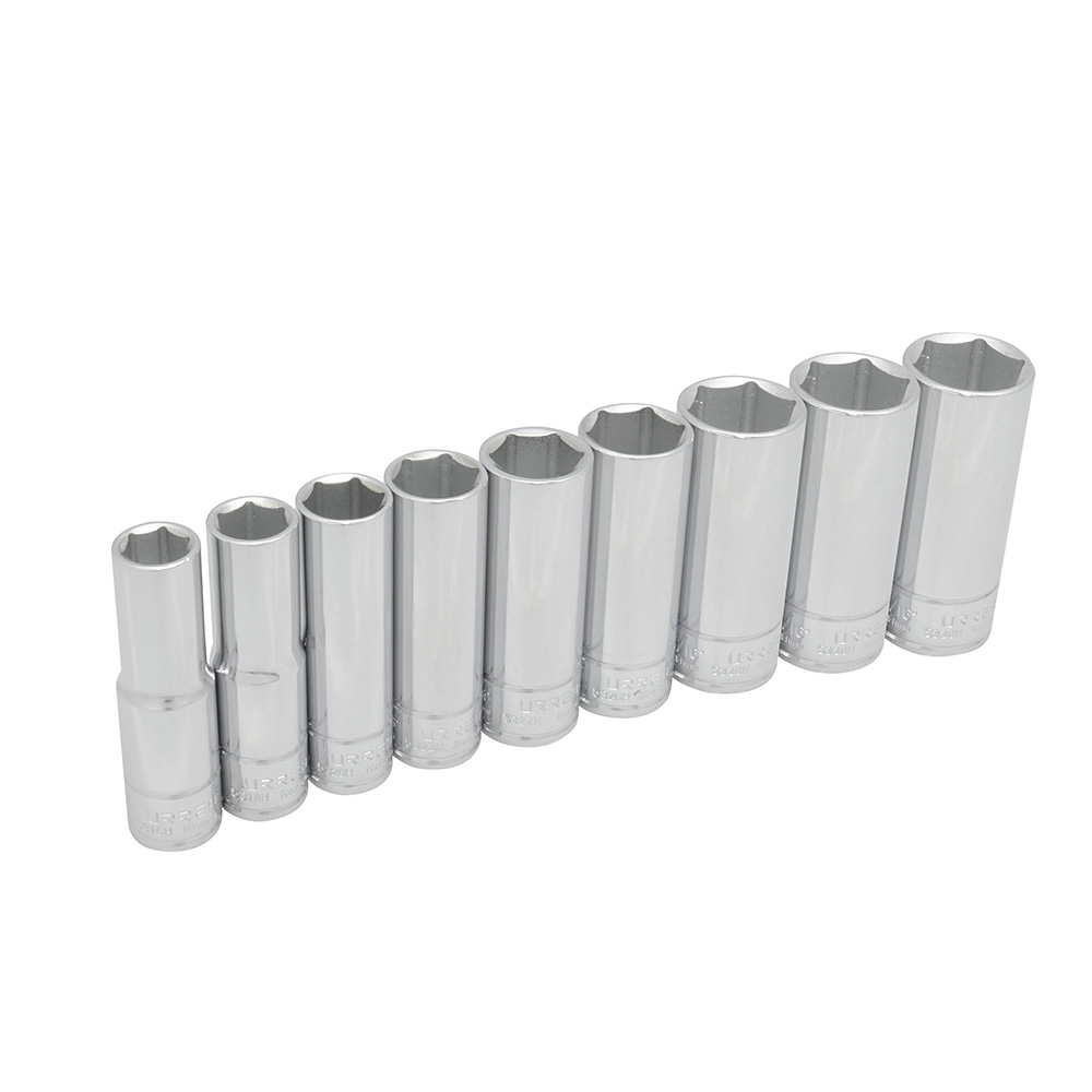 Juego de dados largos cuadro de 1/2", 6 puntas, en pulgadas, en riel, 9 piezas