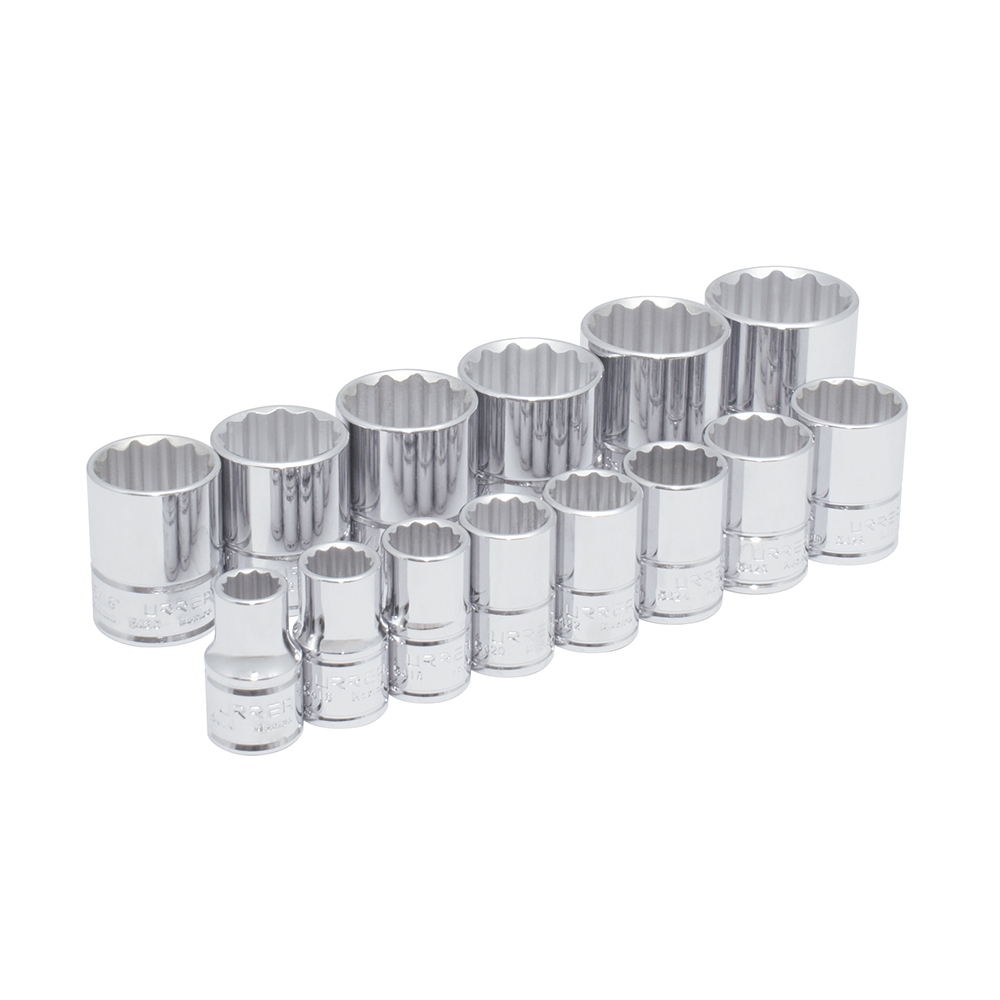 Juego de dados cuadro de 1/2", 12 puntas, en pulgadas, en riel, 14 piezas