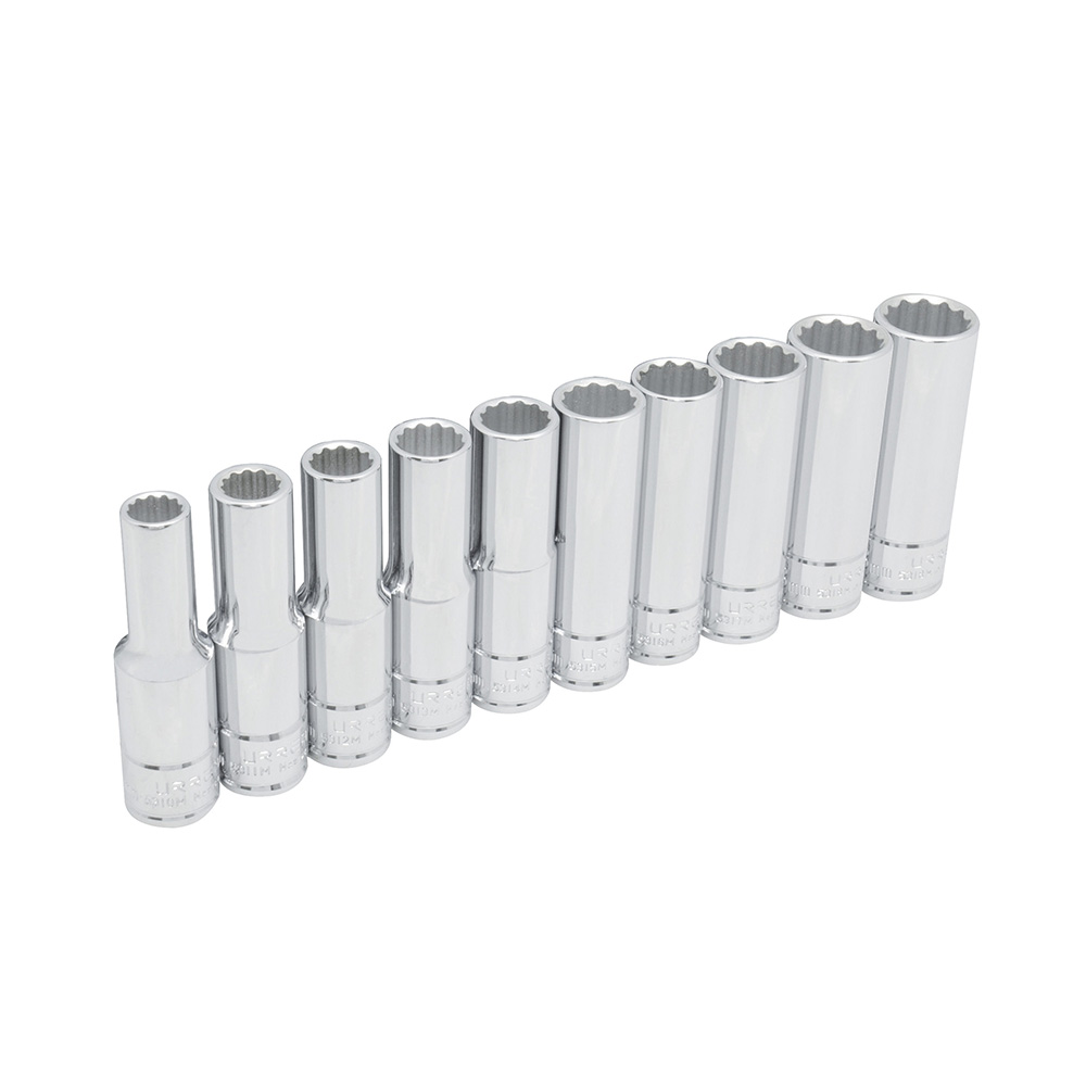 Juego de dados largos cuadro de 1/2", 12 puntas, métricos, en riel, 10 piezas