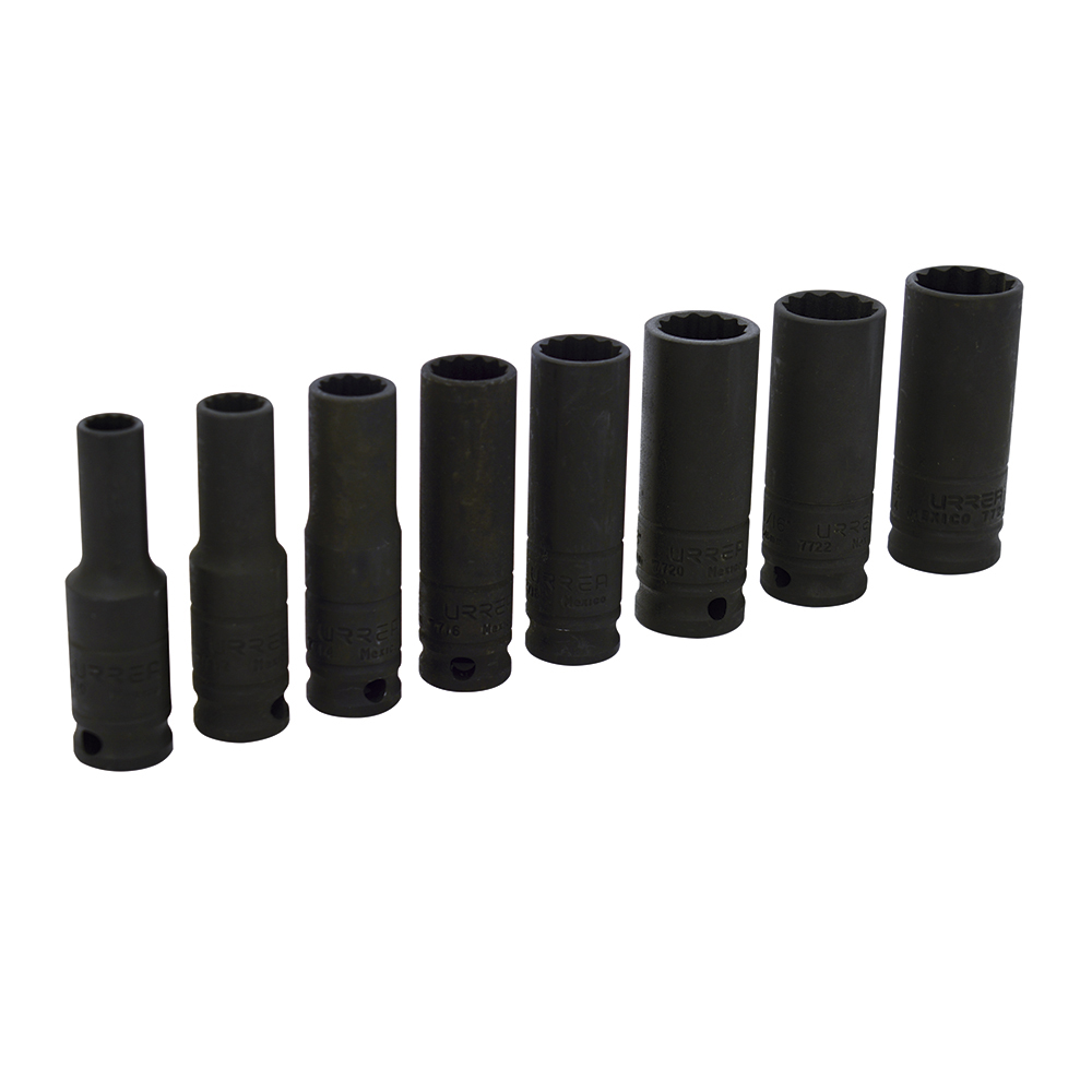 Juego de dados de impacto largos cuadro de 3/8", 12 puntas, en pulgadas, 8 piezas