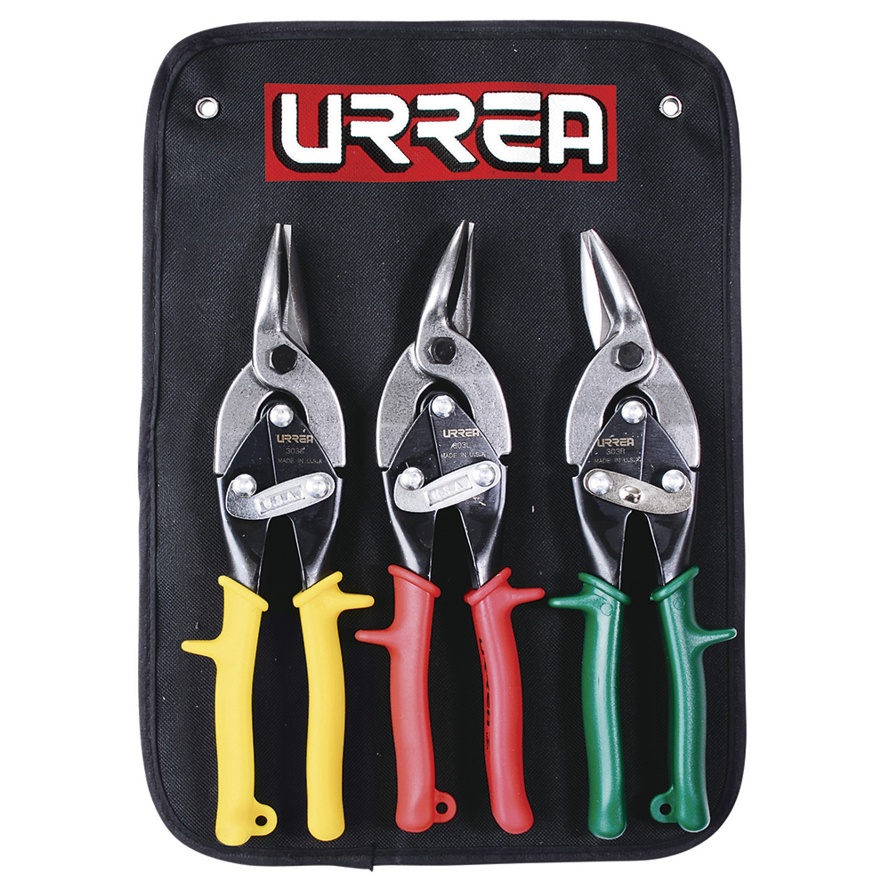 Juego de 3 tijeras con mango rubber grip para hojalatero tipo aviación
