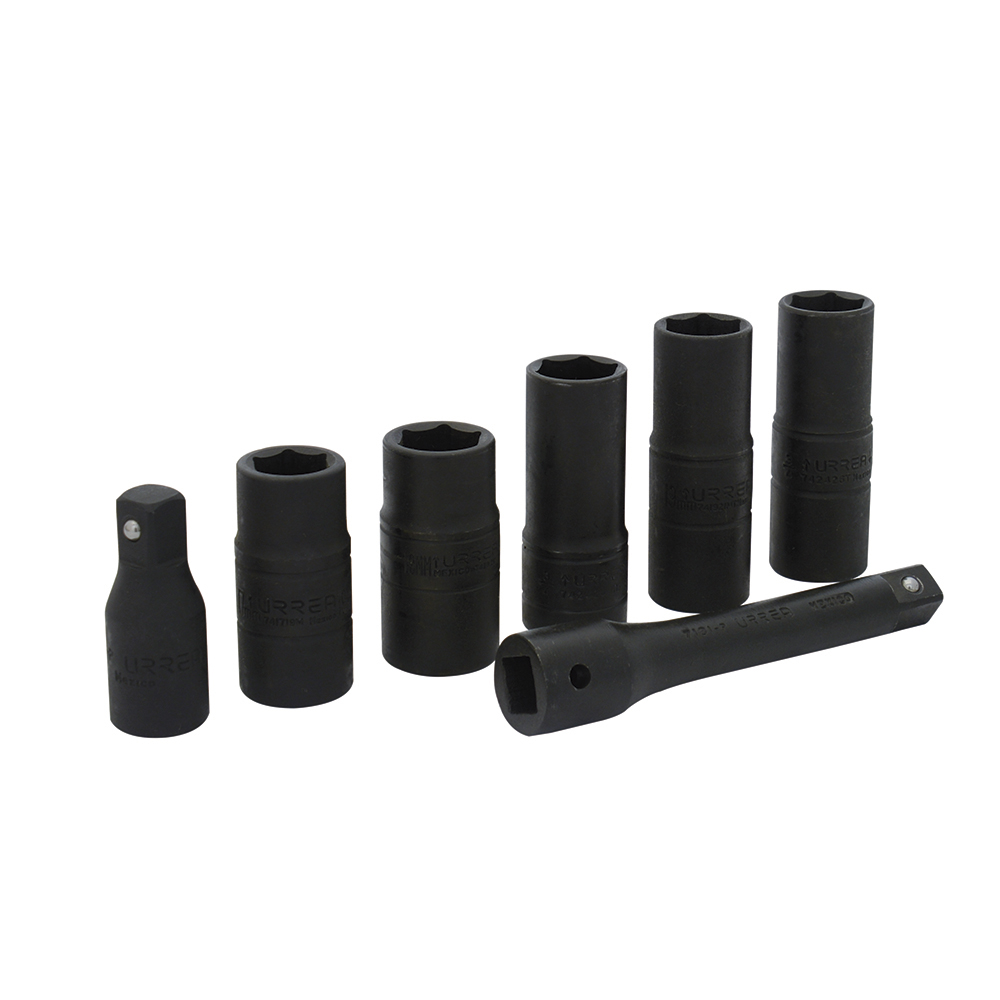 [7400DE] Juego de 7 dados de impacto doble boca cuadro de 1/2" combinados, 6 puntas