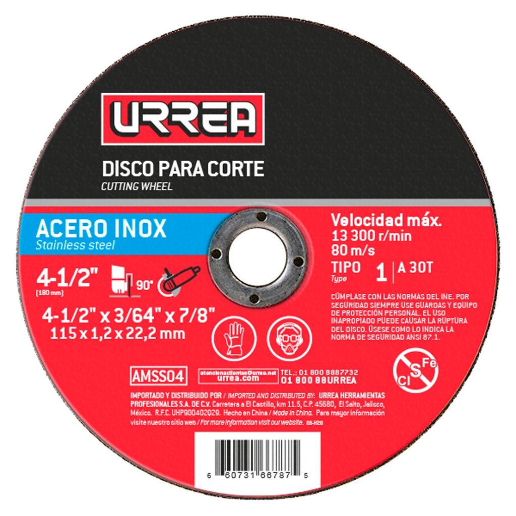 Disco abrasivo tipo 1 para acero inoxidable 4-1/2" x 1/16"