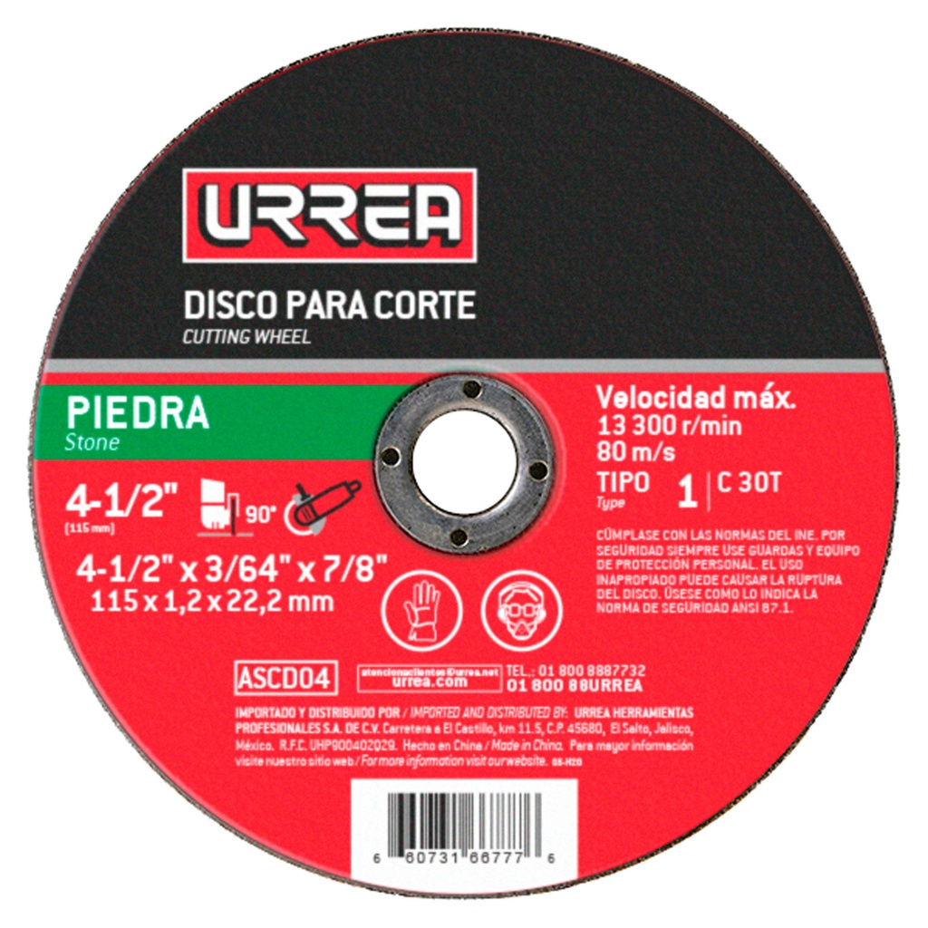 Disco abrasivo tipo 1 para piedra 4-1/2" x 3/64"