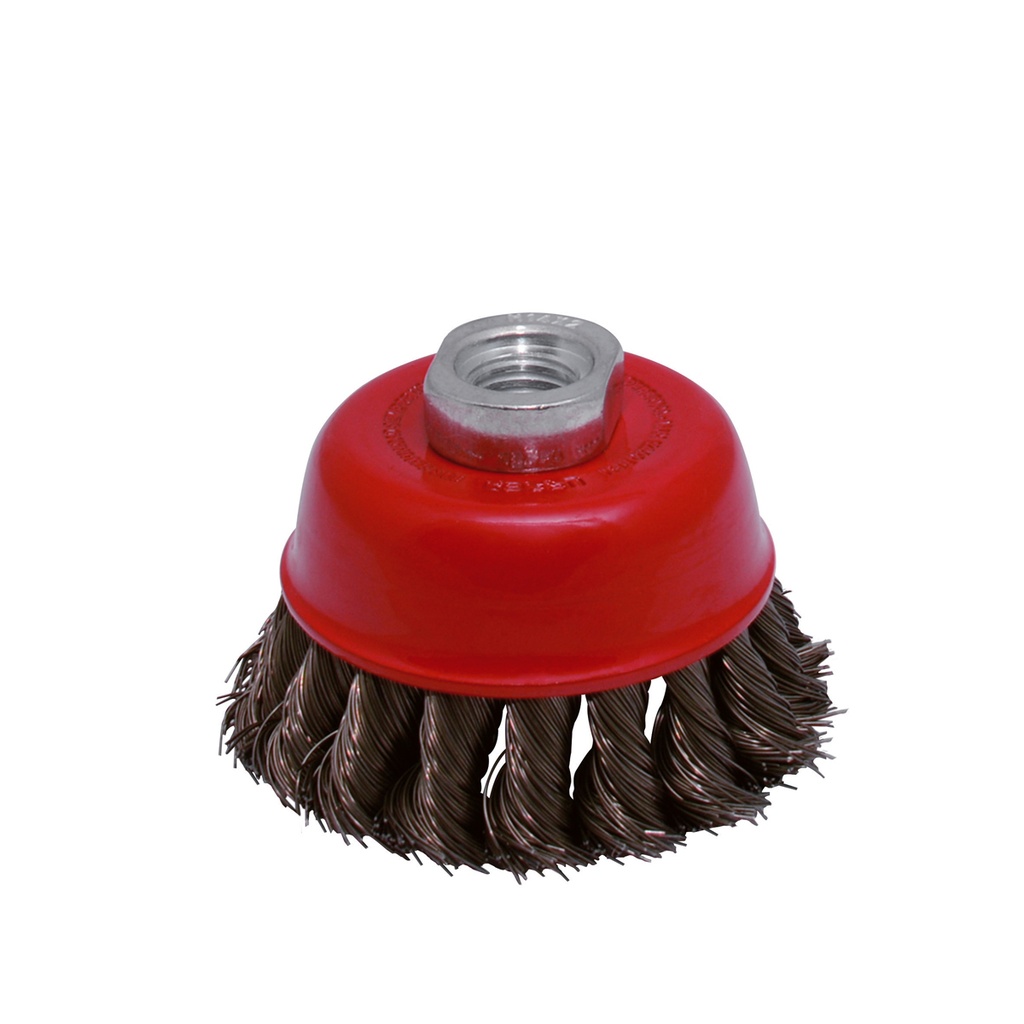 Carda copa trenzada alambre fino 4" x 0.35 mm con rosca 5/8"