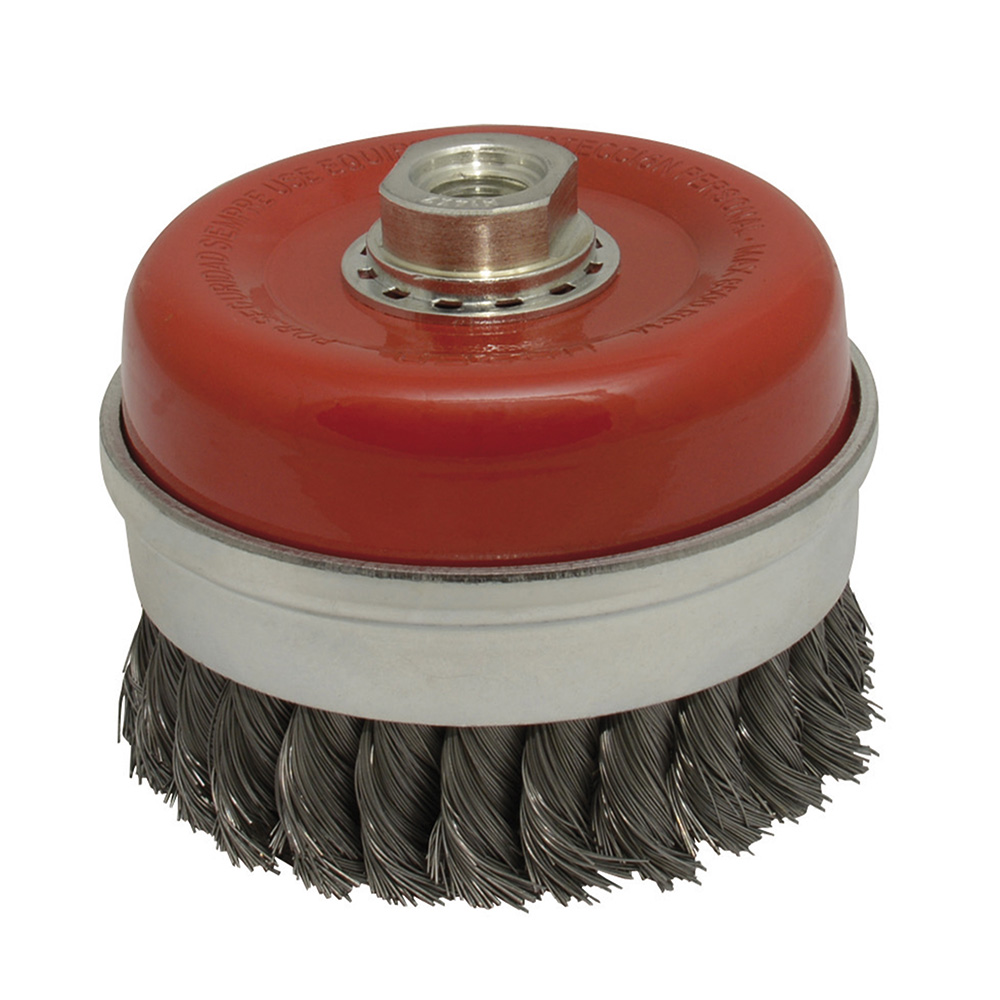 Carda copa trenzada alambre grueso 5" x 0.50 mm con rosca 5/8"