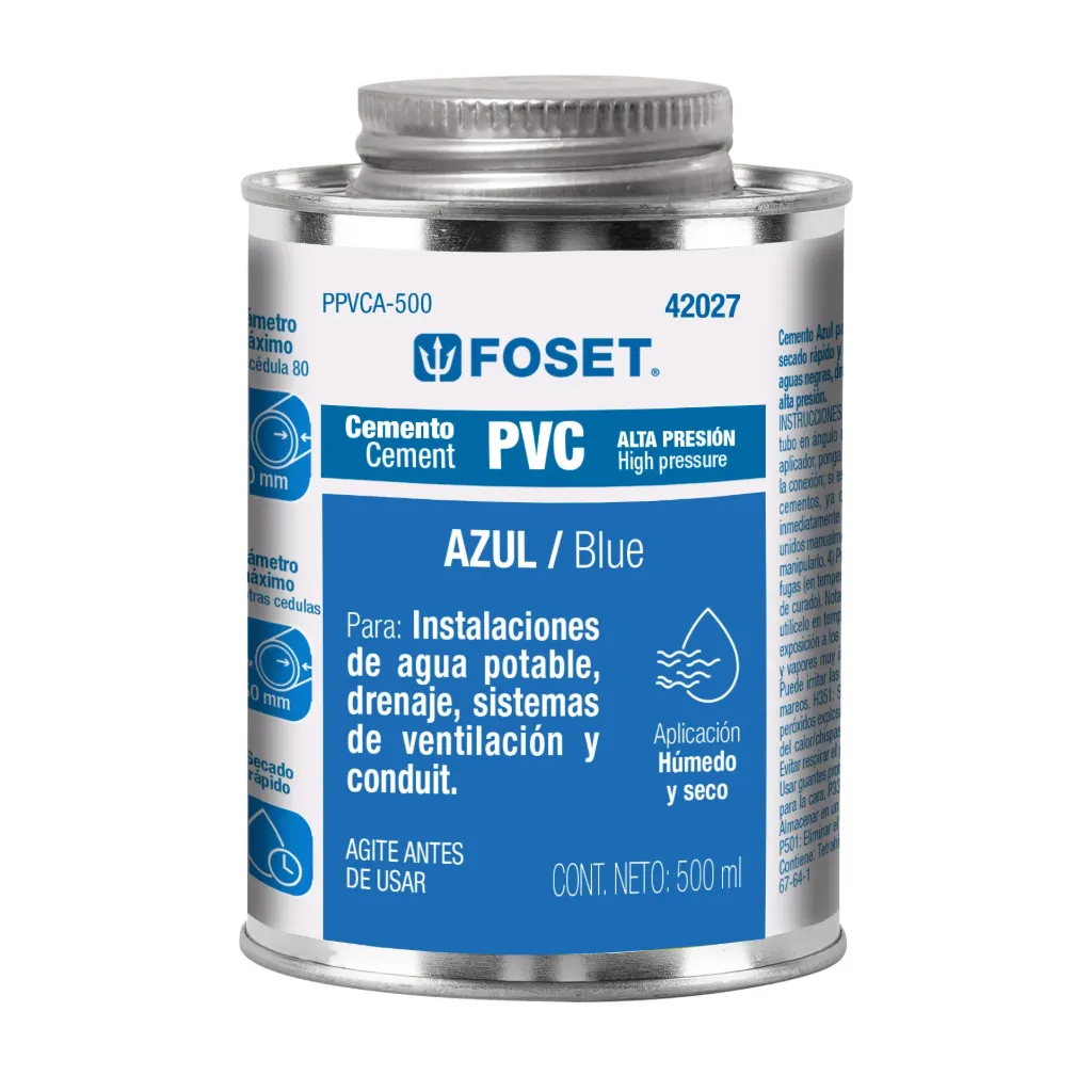 [42027] Cemento azul para PVC en bote de 500 ml, alta presión, Foset PPVCA-500