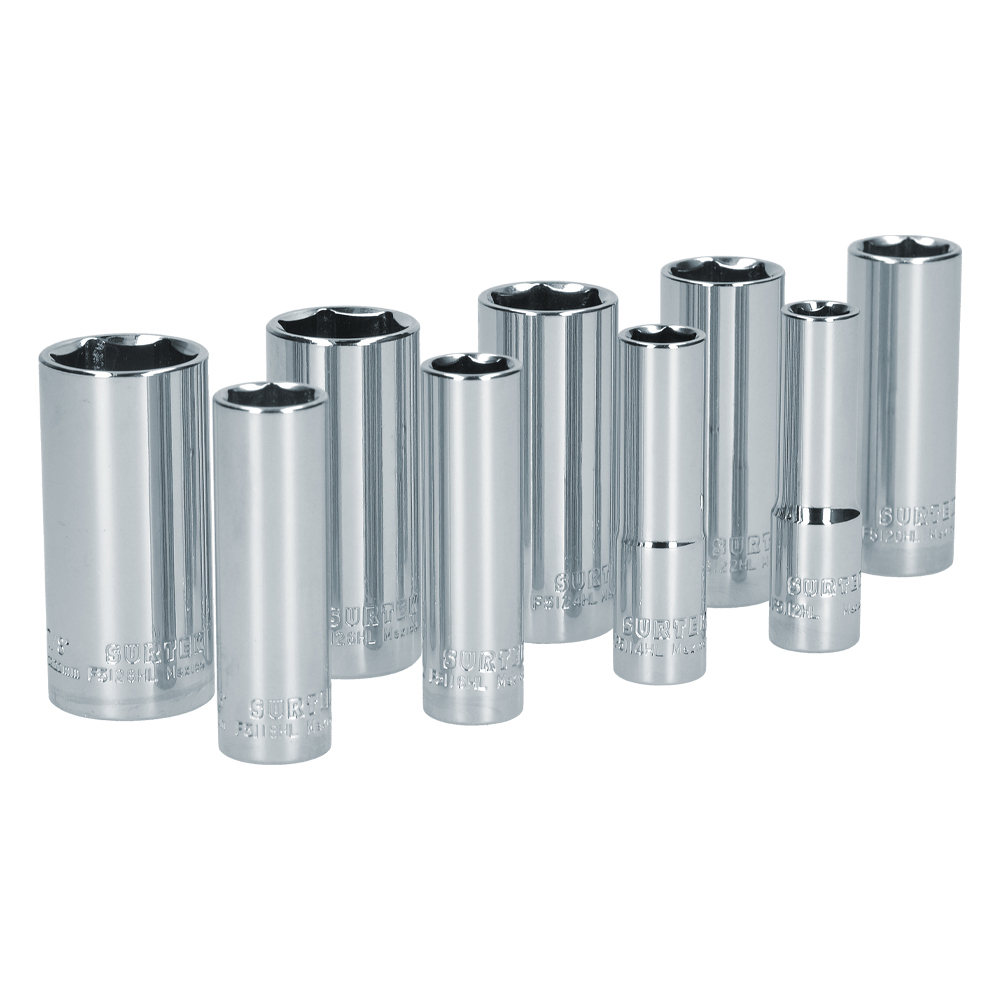 Juego de 9 dados largos en pulgadas cuadro de 3/8", 6 puntas, en riel