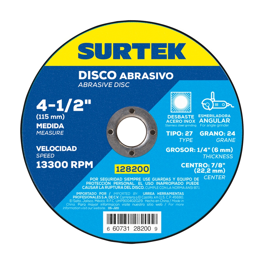 [128200] Disco abrasivo tipo 27 para metal 4-1/2" x 1/4"