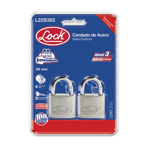[L22S382] Juego de 2 candados de acero cortos 38 mm, llave estándar