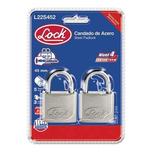 [L22S452] Juego de 2 candados de acero cortos 45 mm, llave estándar