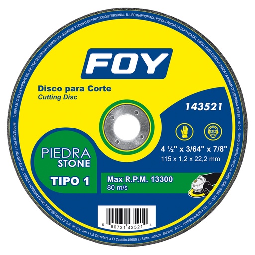 [143521] Disco abrasivo tipo 1 para piedra 4-1/2" x 1.2 mm