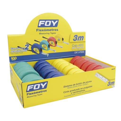 [142131] Flexómetros con carcasa de plástico colores en display 3 m x 1/2", 24 piezas
