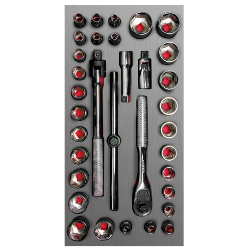 [CH104L] Juego de dados cortos y accesorios cuadro de  3/8" combinados, 34 piezas