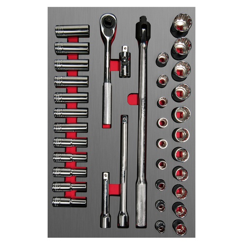 [CH311L] Juego de dados cortos y largos y accesorios de 1/2" métricos, 37 piezas