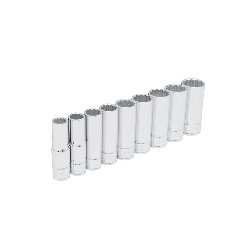 [54117] Juego de dados largos cuadro de 1/2", 12 puntas, en pulgadas, en riel, 9 piezas