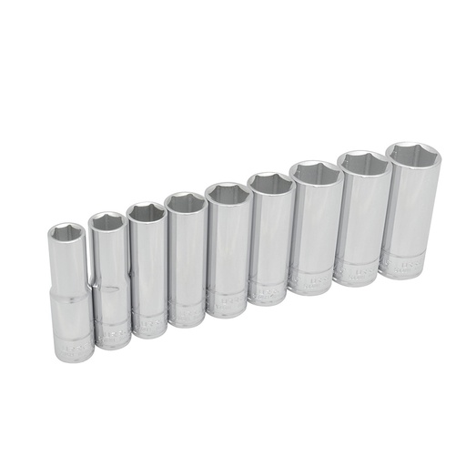 [54118] Juego de dados largos cuadro de 1/2", 6 puntas, en pulgadas, en riel, 9 piezas