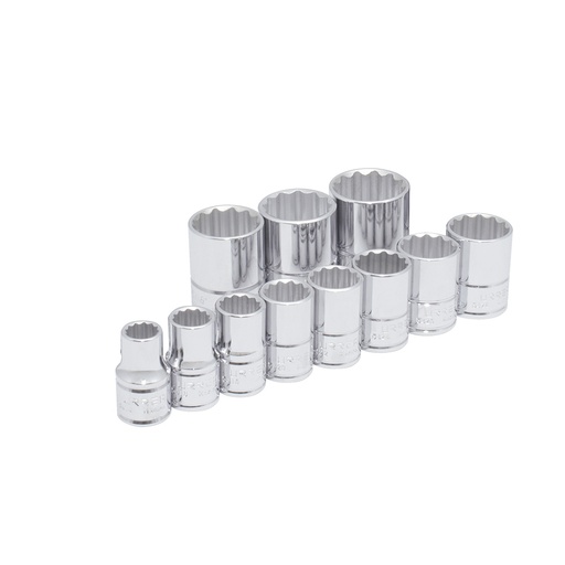 [54111] Juego de dados cuadro de 1/2", 12 puntas, en pulgadas, en riel, 11 piezas
