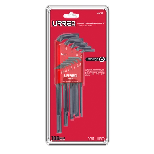 [4972R] Juego de 13 llaves hexagonales tipo "L", en pulgadas