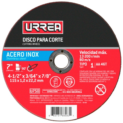 [U750] Disco abrasivo tipo 1 para acero inoxidable 4-1/2" x 3/64"