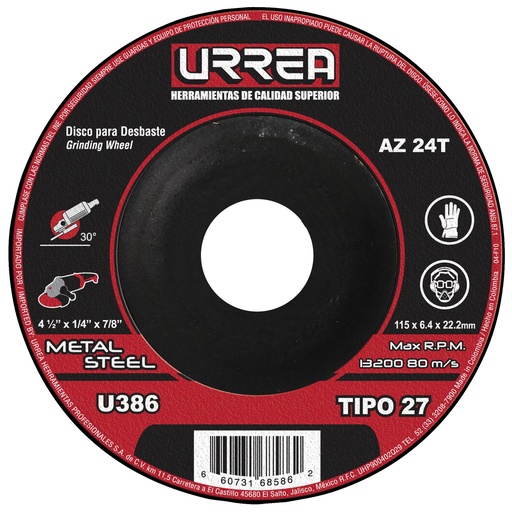 [U386] Disco abrasivo tipo 27 para metal 4-1/2" x 1/4"