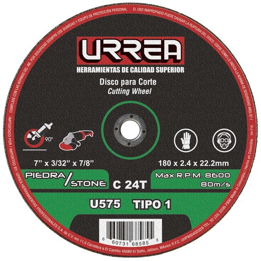 [U575] Disco abrasivo tipo 1 para piedra 7" x 3/32"