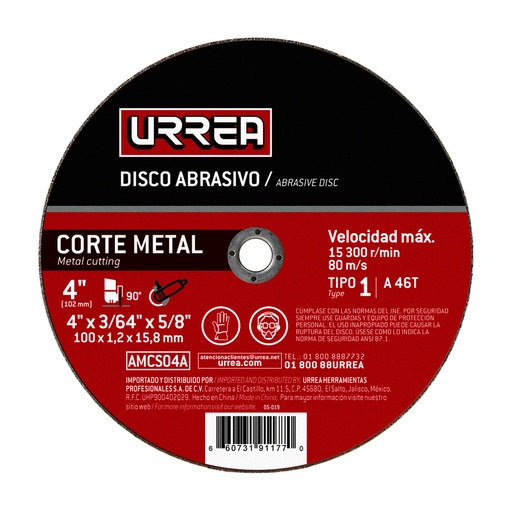 [AMCS04A] Disco abrasivo tipo 1 para metal 4" x 3/64"