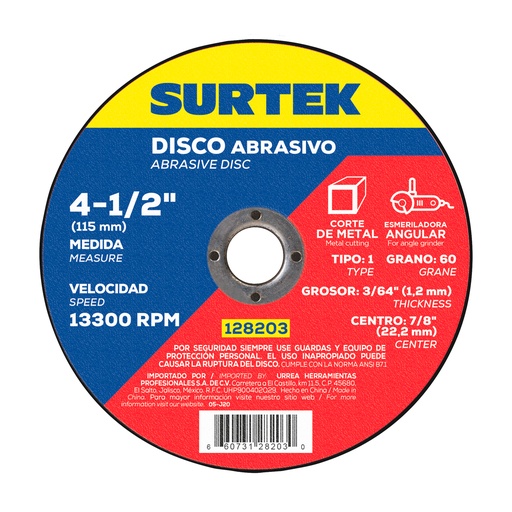 [128203] Disco abrasivo tipo 1 para metal 4-1/2" x 1.2 mm