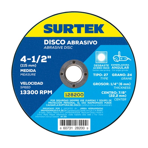[128200] Disco abrasivo tipo 27 para metal 4-1/2" x 1/4"