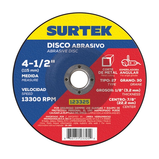 [123325] Disco abrasivo tipo 27 para metal 4-1/2" x 1/8"