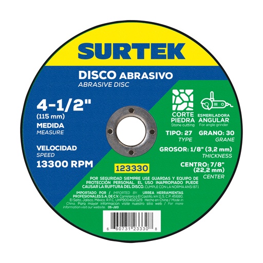 [123330] Disco abrasivo tipo 27 para piedra 4-1/2" x 1/8"
