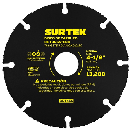 [DDT45S] Disco de diamante multi-corte punta de carburo de tungsteno, 4-1/2"